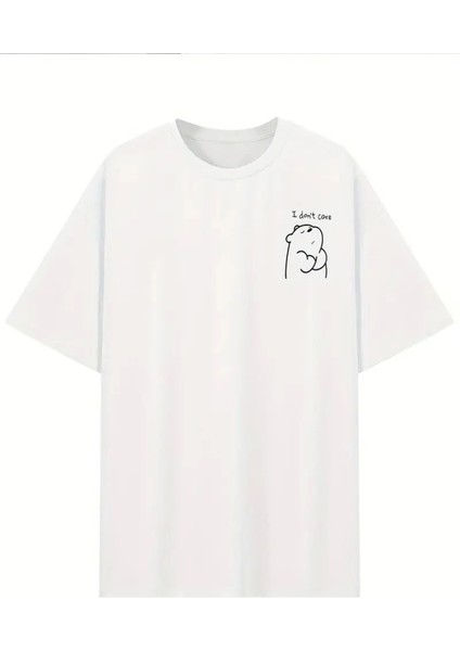 Baskılı Oversize Bisiklet Yaka T-Shirt - Beyaz