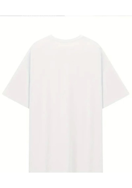 Baskılı Oversize Bisiklet Yaka T-Shirt - Beyaz