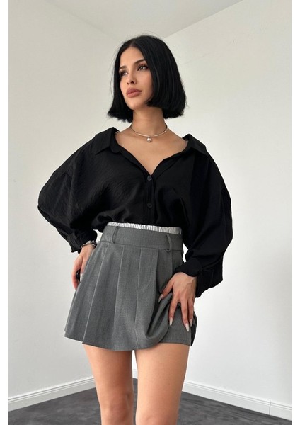 Gri Beli Lastikli Etek Şort