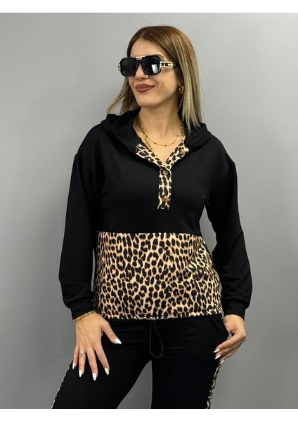 Kadın Uzun Kollu Leopar Detay Sweat ve Yanı Leopar Şerit Detay Pantolon Ikili Takım