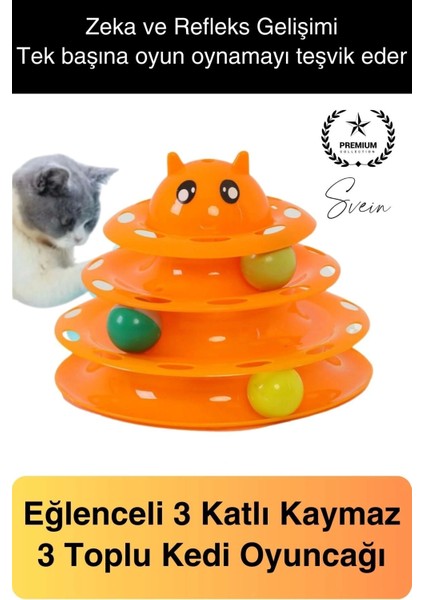 3 Katlı 3 Toplu Kedi Oyuncağı Yuvarlak Eğlence Dönen Hareketli Abs Plastik Çıngıraklı Zeka Gelişim