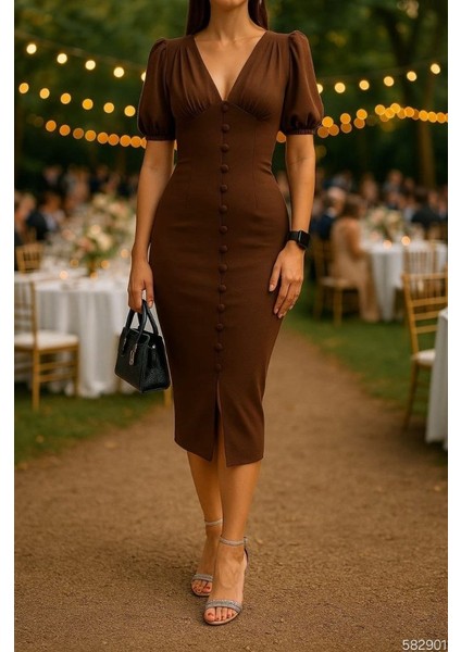 Kadın V Yaka Önü Düğmeli Sırt Pencere Dekolte Elbise