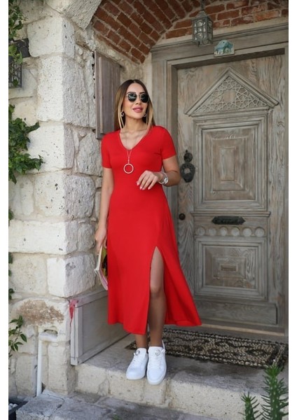 Kadın Kısa Kollu V Yaka Maxi Boy Elbise 124 cm