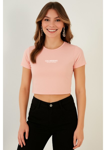 Kadın Likralı Kısa Kollu Basic Crop Tişört - Slim Fit