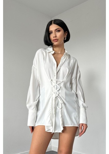 Beyaz Jesica Parçalı Bağcıklı Gömlek fırsatları