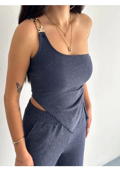 Asimetrik Crop Pantalon Ikili Takım - Lacivert