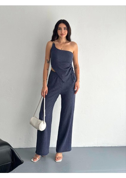 Asimetrik Crop Pantalon Ikili Takım - Lacivert