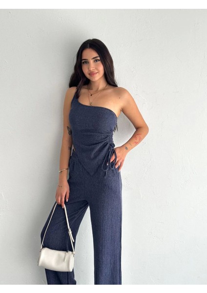 Asimetrik Crop Pantalon Ikili Takım - Lacivert