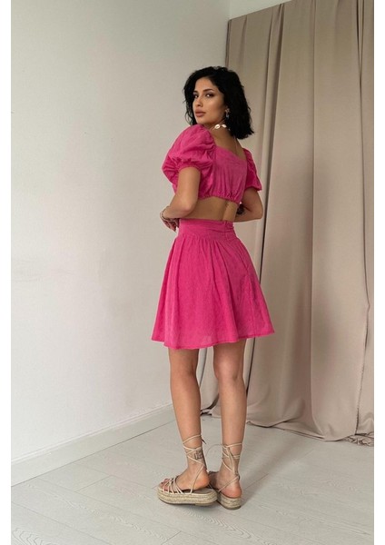 Fuşya Brode Crop ve Mini Etek Takım