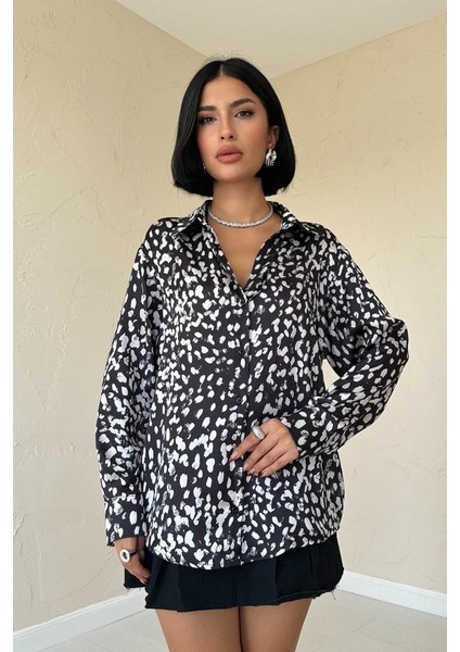 Siyah Leopar Desenli Saten Gömlek