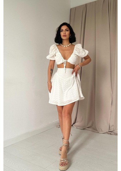 Ekru Brode Crop ve Mini Etek Takım