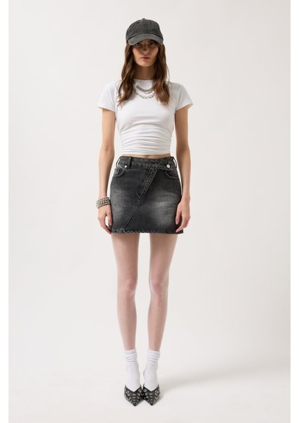 Asimetrik Kemer Denim Mini Etek