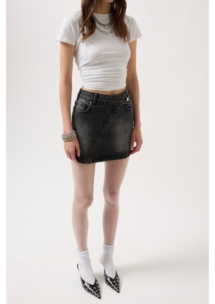Asimetrik Kemer Denim Mini Etek