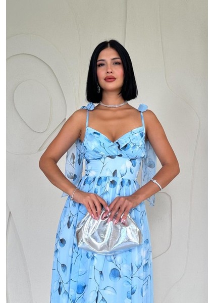 Mavi Şifon Drapeli Elbise fiyatları