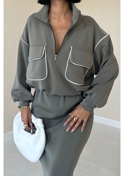 Haki Biyeli Sweatshirt ve Etek Takım