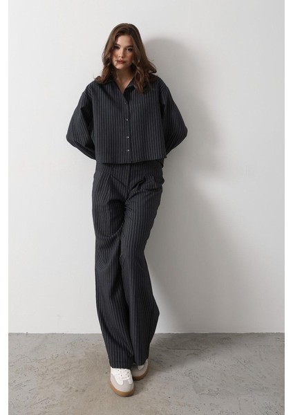 Çizgili Gömlek Pantolon Takım - Lacivert indirimleri