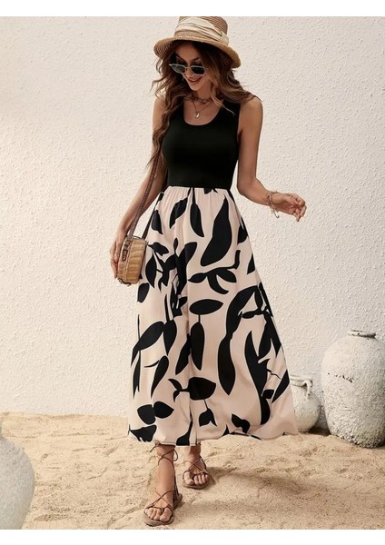Kadın Askılı Yuvarlak Yaka Üst Viskon Alt Desenli Uzun Süprem Elbise