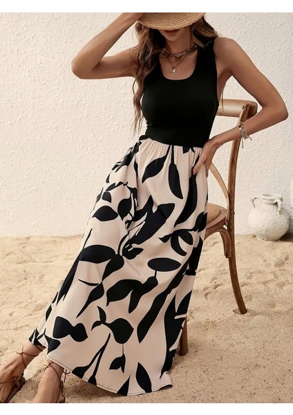 Kadın Askılı Yuvarlak Yaka Üst Viskon Alt Desenli Uzun Süprem Elbise fiyatları