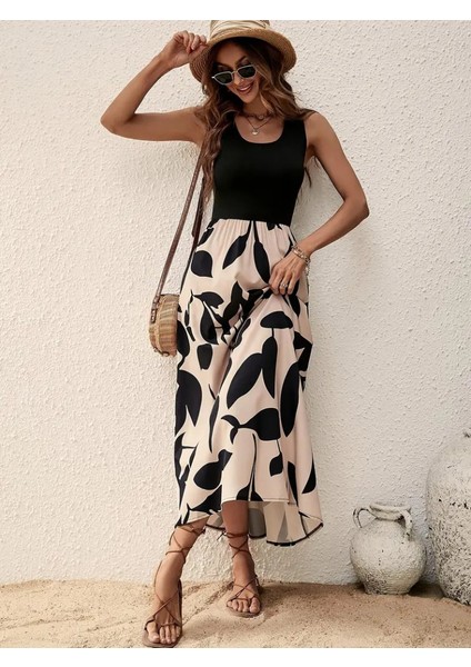 Kadın Askılı Yuvarlak Yaka Üst Viskon Alt Desenli Uzun Süprem Elbise modelleri