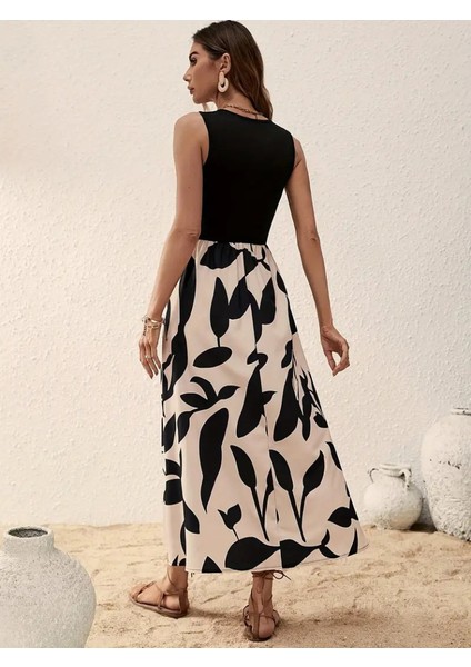 Kadın Askılı Yuvarlak Yaka Üst Viskon Alt Desenli Uzun Süprem Elbise indirimleri