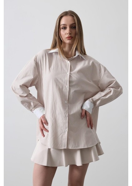 Çizgili Oversize Gömlek - Bej