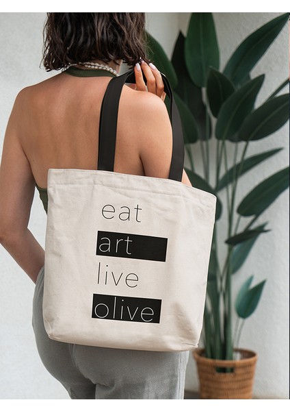 Eat Art Live Olive - Siyah Kulplu Gabardin Bez Çanta