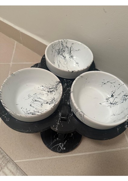 Porselen Mermer Desenli Siyah 3 Lü Mama ve Su Kabı