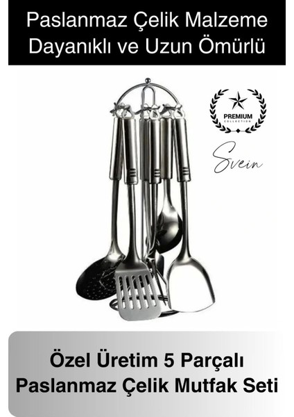 5'li Paslanmaz Çelik Mutfak Seti Servis Kepçe Kevgir Spatula Kaşık Takımı Metal Hijyen Çeyiz Pratik