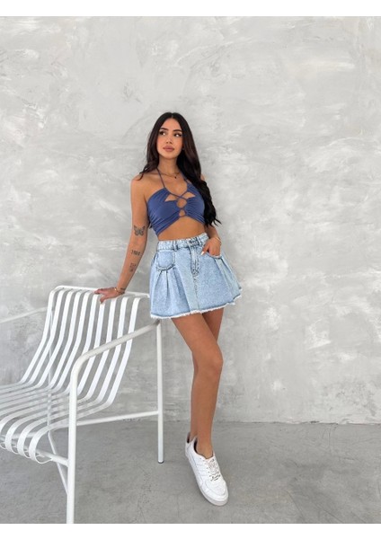Şık Pileli Yazlık Mini Etekli Kot- Açık Mavi