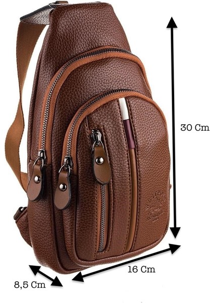 Vegan Deri Unisex Çapraz Göğüs ve Omuz Çantası Body Bag - Taba