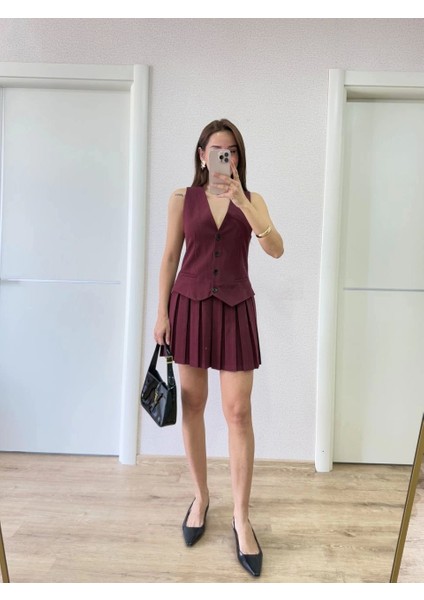 Takım Görünümlu Yelekli Mini Elbise- Bordo
