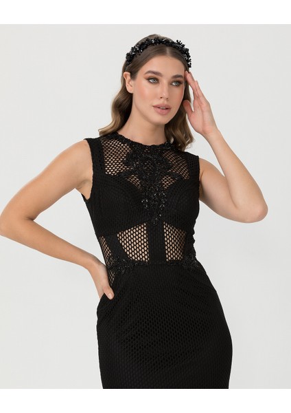 Balık Form Sıfır Yaka Tül Abiye-Siyah fiyatları