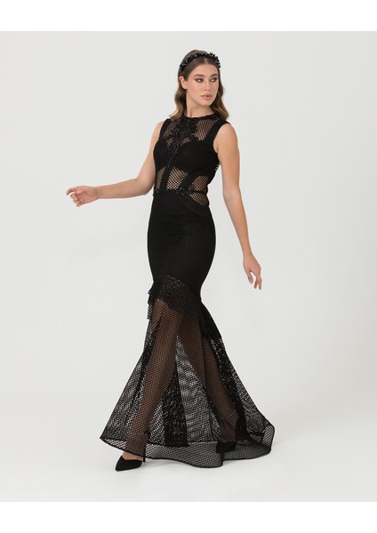 Balık Form Sıfır Yaka Tül Abiye-Siyah modelleri