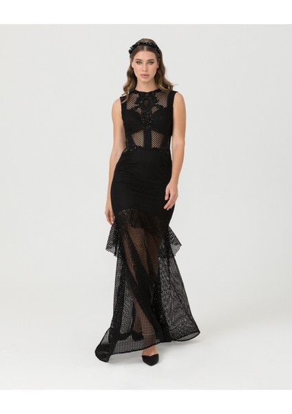 Balık Form Sıfır Yaka Tül Abiye-Siyah fırsatları