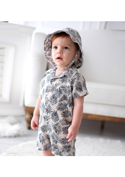 Gözlük Hediyeli Erkek Bebek Palmiye Desenli Tulum Şapka Takımı