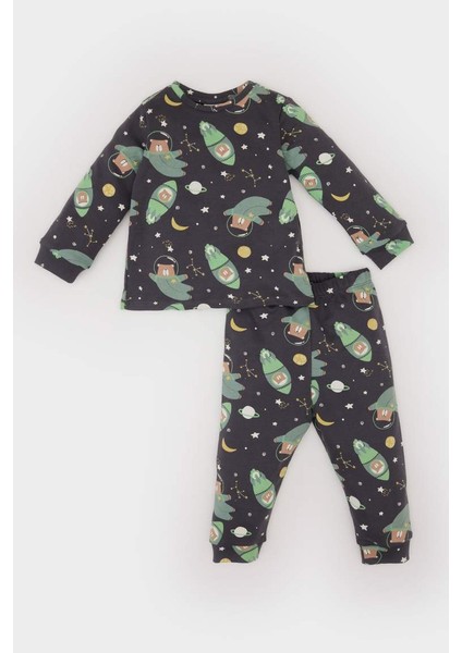 Yeni Sezon Erkek Bebek Pijama Takımı Uzay Baskılı Uzun Kollu Üst Beli Lastikli Uzun Alt