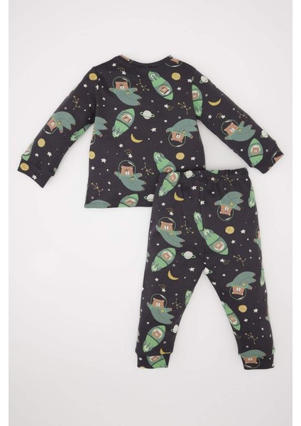 Yeni Sezon Erkek Bebek Pijama Takımı Uzay Baskılı Uzun Kollu Üst Beli Lastikli Uzun Alt