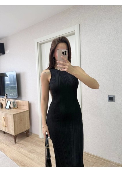 Fitilli Triko Elbise Maxi Uzun Boy - Siyah