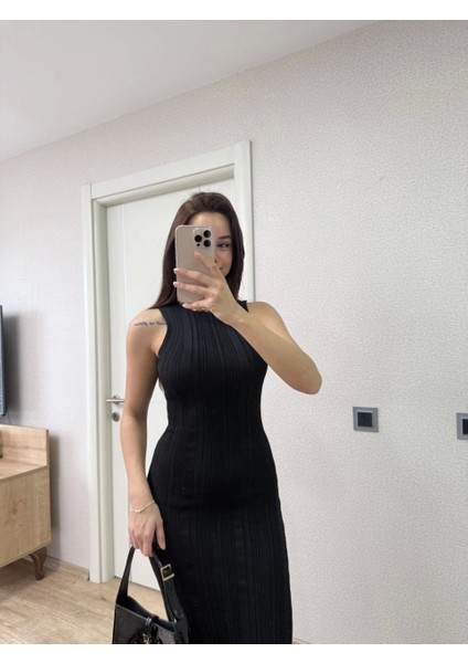 Fitilli Triko Elbise Maxi Uzun Boy - Siyah