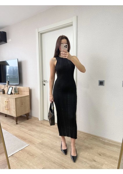 Fitilli Triko Elbise Maxi Uzun Boy - Siyah