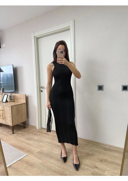 Fitilli Triko Elbise Maxi Uzun Boy - Siyah