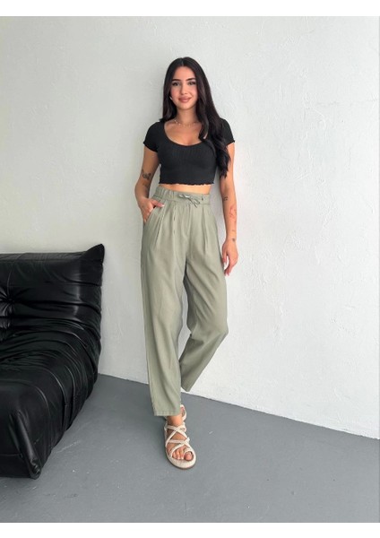 Kadın Yüksel Bel Rahat Paça Pantalon - Su Yeşili
