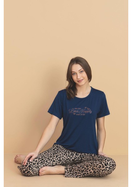 Kadın Bisiklet Yaka Milan Kumaş Likralı Kısa Kollu Pijama Takımı 5944 - 1 Adet