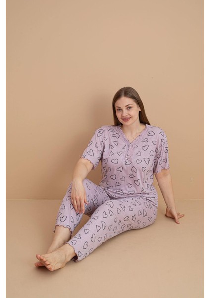 Kadın Büyük Beden Dantel Yaka Bambu Kısa Kol Ince Pijama Takımı 5901 - 1 Adet