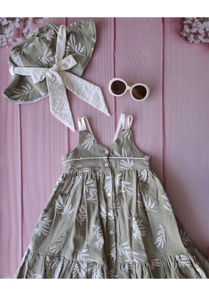 Gözlük Hediyeli Kız Çocuk Yaprak Desenli Şapkalı Yazlık Elbise Takımı
