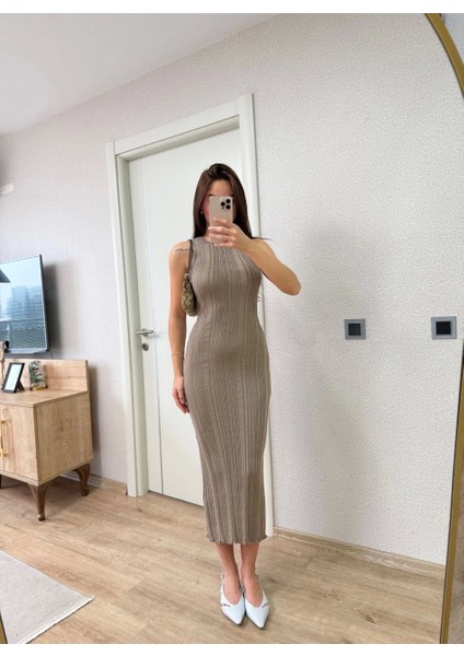 Fitilli Triko Elbise Maxi Uzun Boy - Açık Kahve