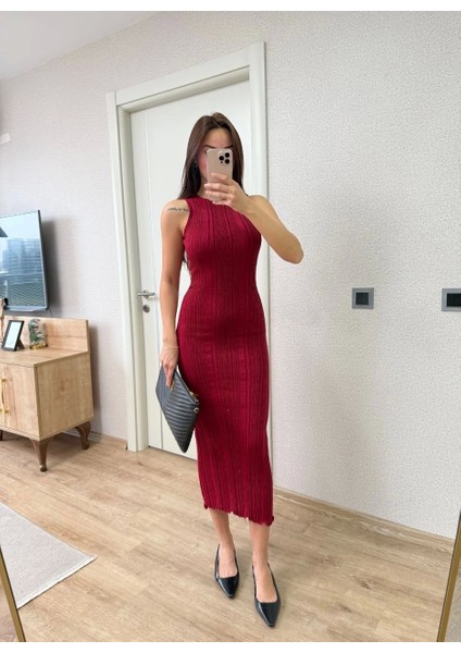 Fitilli Triko Elbise Maxi Uzun Boy - Bordo
