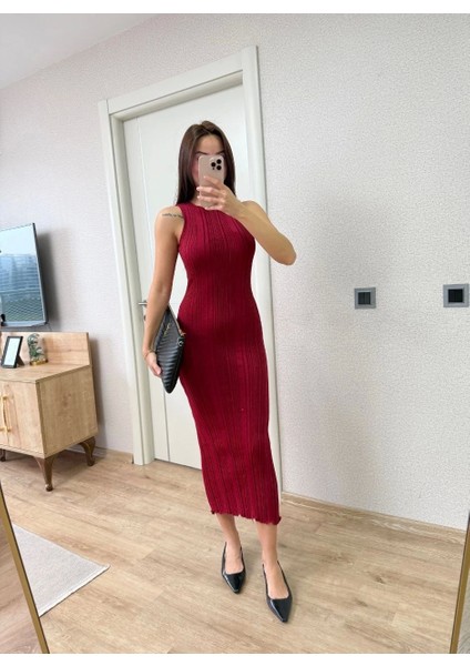 Fitilli Triko Elbise Maxi Uzun Boy - Bordo