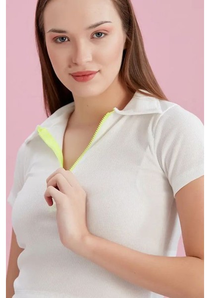 Polo Yaka Neon Fermuarlı Kaşkorse Bluz