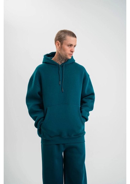 Unisex Double Oversize Kapşonlu Basic Sweatshirt - Koyu Deniz Yeşili